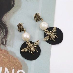 Gold Bumble bee pearl drop earrings